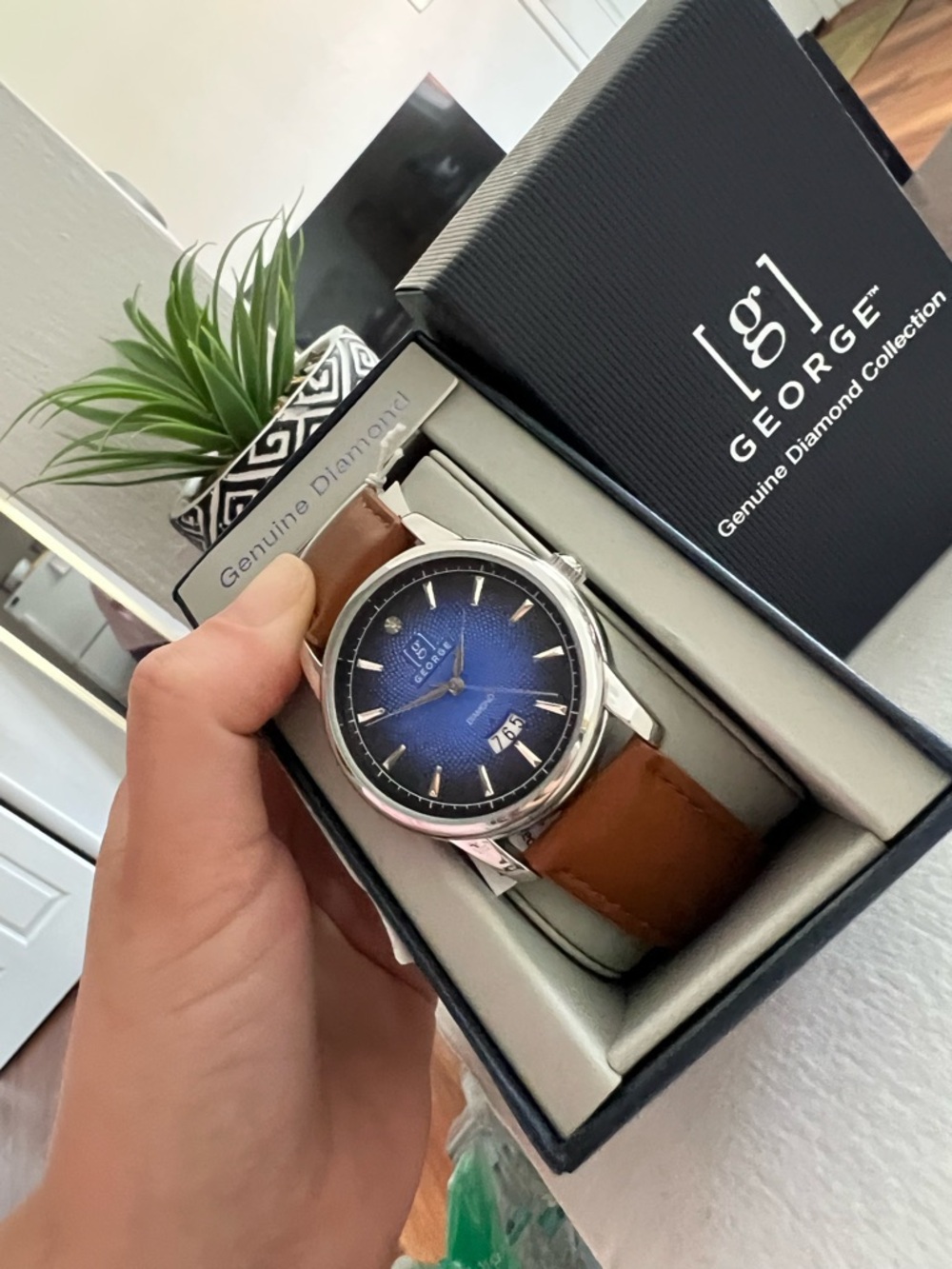 George Men's 41mm Silver Tone Textured Blue Dial Genuine Diamond Strap Watch